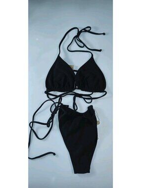 SAME Los Angeles Bikini Set XL Black Triangle Top High Cut Tie Side NWT